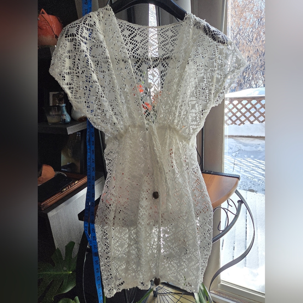 White Lace Kimono Style Draw String Cover-Up